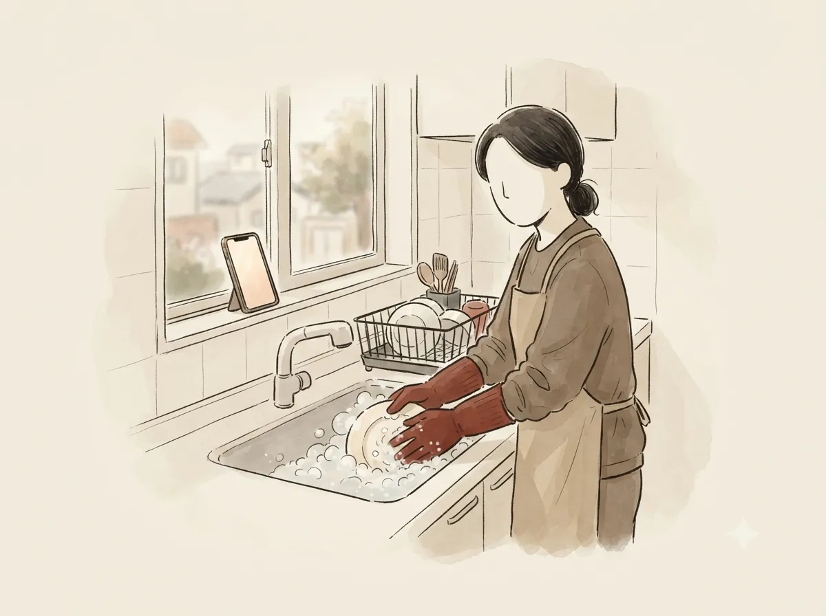 고무장갑을 끼고 설거지하는 사람과, 창틀에 세워 둔 휴대폰